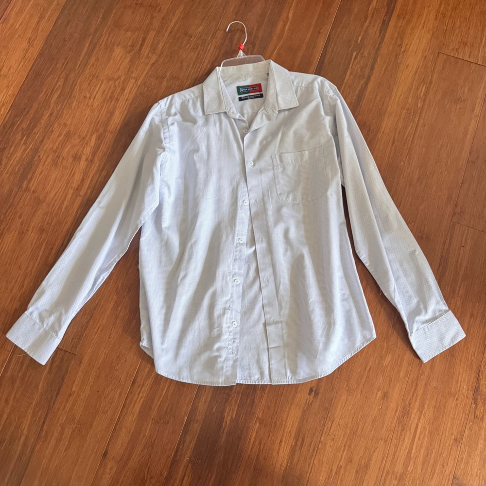 Peter England Checked White Light Blue Men's Dress Shirt Long Sleeve Button Down